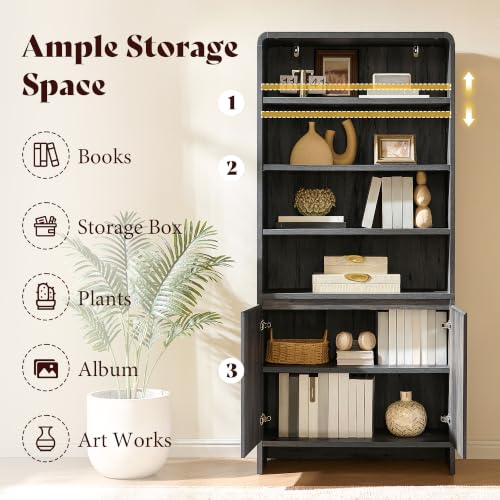 Image of AMERLIFE 71 inch Modern Bookcase Set of 2 with Storage Cabinets, Black | 2 Pieces Bookshelf Set, Storage Cabinets with Adjustable Shelves, Curved Design, Ideal for Living Room, Bedroom, Home Office