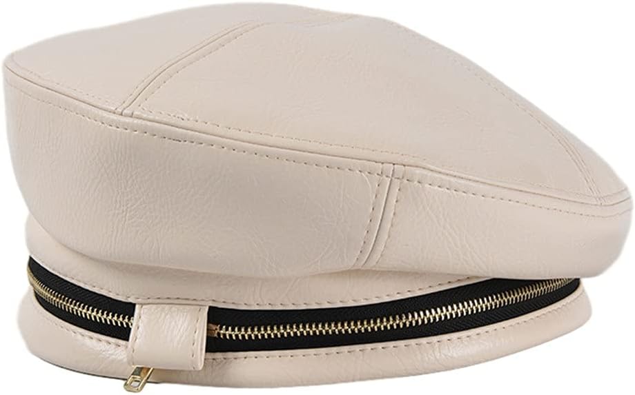 Winter Womens Hats with Zipper Decoration White Leather Berets Caps for Women Special Artist Cap