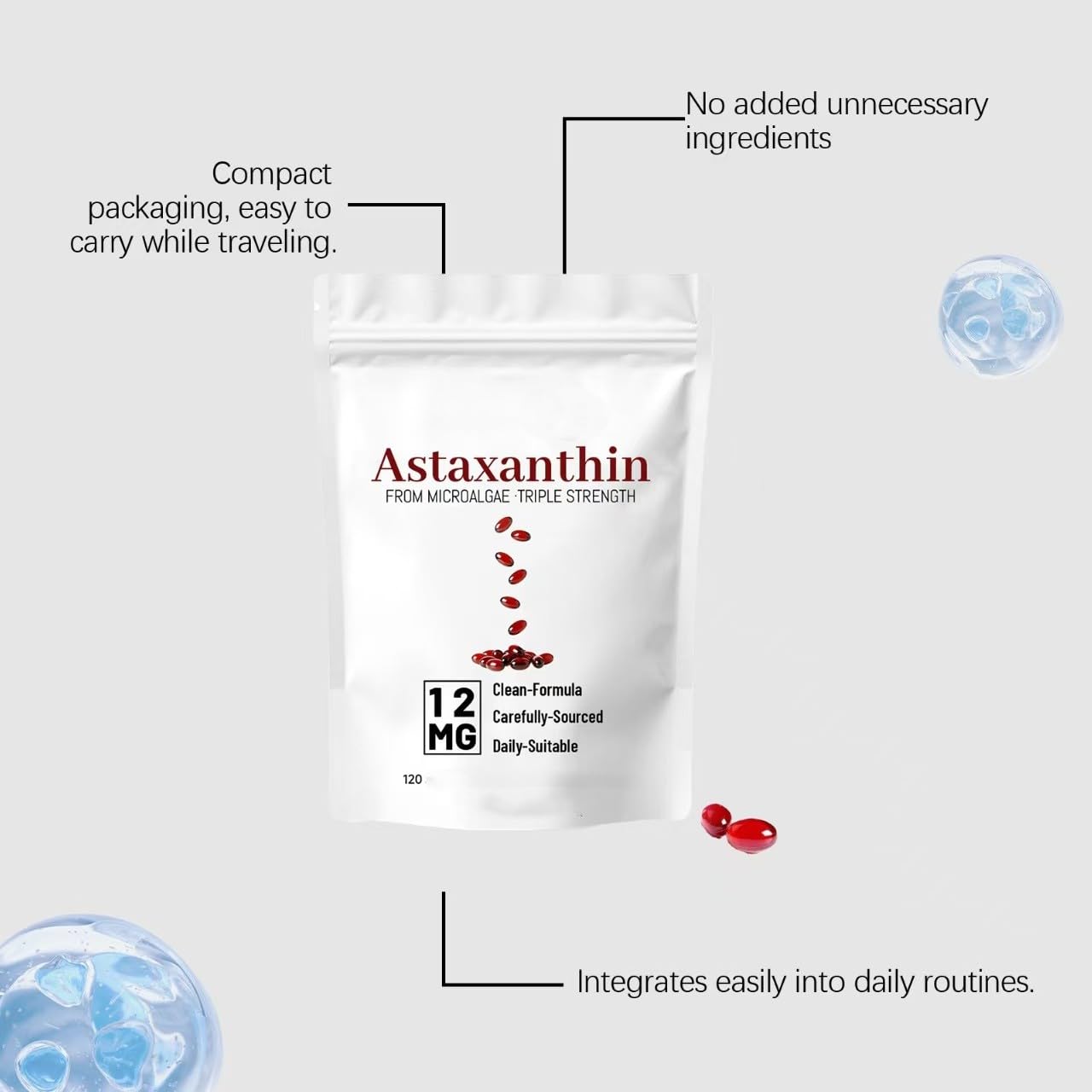 Astaxanthin | Augen-, Haut- und Gelenkunterstützung | Frische Mikroalgenquelle | mit MCT-Öl |für alle (120 Stück),3Pcs