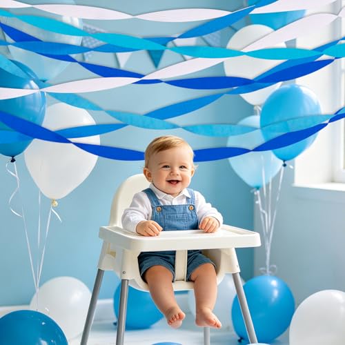 Image of Blue Streamers 8 Rolls Crepe Paper Streamers Party Decorations for Blue Birthday Party, Wedding, Engagement, Bachelorette and Baby Shower Boy