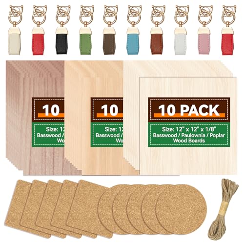 VMYTH 51-Piece Laser Engraving Material Bundle: 30 Wood Sheets (Basswood Poplar Paulownia 12x12) Cork Coasters Keychains & Rope - 1/8 (3mm) Unfinished Wood Blanks Kit for DIY Crafts & Models