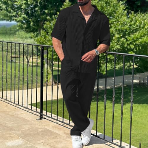 Mens Textured Sets Two Piece Outfit Short Sleeve Button Down Shirts and Trousers Solid Color Costume Everyday Casual Clothing2