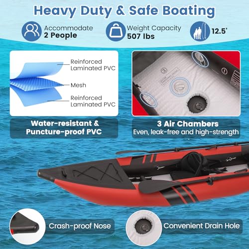 S AFSTAR Inflatable Kayak, 2 Person Canoe with 507 lbs Capacity, Drop-Stitch Floor, All Accessories & Carry Bag, 12.5 ft Large Sit in Tandem Kayak for Fishing, Camping & Exploring for Adults