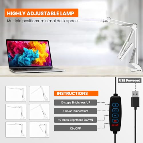 Image of Dyazo Overhead LED Desk Lamp with Long Adjustable Arm Clamp | Dimmable Table Light Includes 3 Color Modes & 10 Brightness Levels | 12W Lighting for Study, Reading, Crafting with Memory Feature (White)