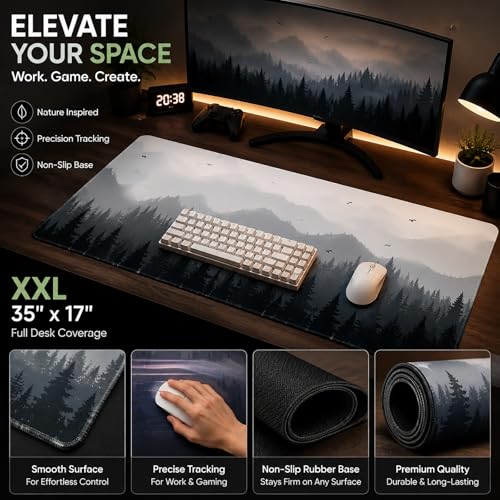 Image of XXL Gaming Mouse Pad 35x17 Inch, Misty Forest Landscape Desk Mat Extended