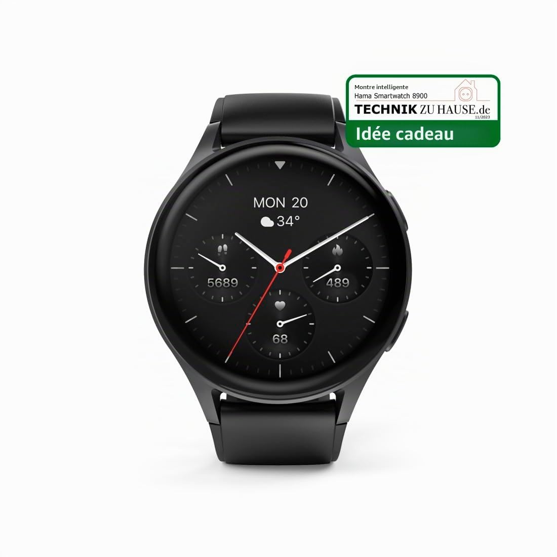 Hama Montre connectée GPS Intégré 8900" (Montre Sport, écran AMOLED 1,43", Fonction Prise d’appels, contrôle Vocal Alexa, altimètre barométrique, IP68), Noire