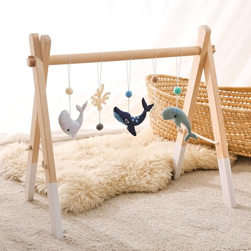 Promise Babe Arche de jeu bébé en bois Baby Gym en bois Arche de jeu nouveau-né Jouet Arche de jeu centre d'activité bébé Design animaux marins Amovible Arche de...