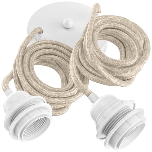 Hoopzi - Suspension Luminaire 2 Ampoules - 2,5m - Câble en Lin - Lustre pour Salon, Cuisine, Chambre - Modèle Hang 2 Lin Naturel Pavillon Blanc