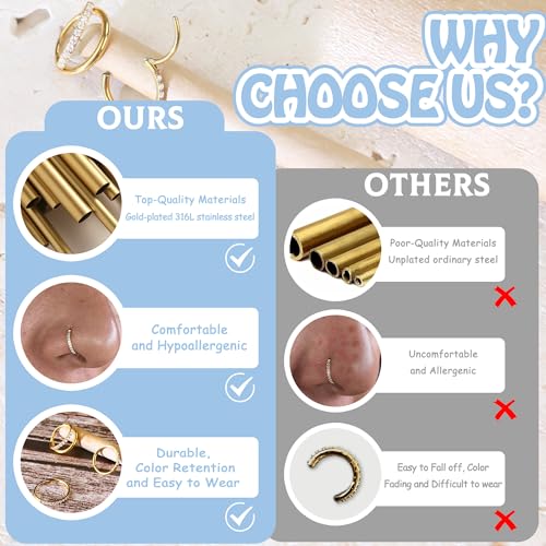SmileBelle 14K Gold Hinged Nose Rings Hoop for Women 20G, 316L Surgical Steel Clicker Septum Ring, Hoop Huggie Earring for Upper Lobe Cartilage Helix Piercing Jewelry (8mm, 6mm,10mm)3