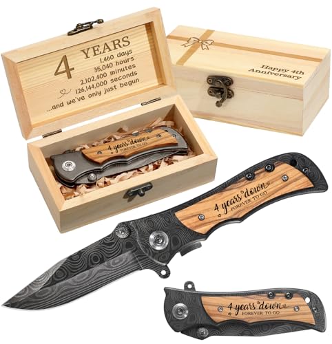 Lanties 4 Years Anniversary Keepsake Gifts for Him Engraved Pocket Knife with a Gift Box Happy Tin Anniversary Customized Wedding Birthday Father's Day Gifts for Men Husband