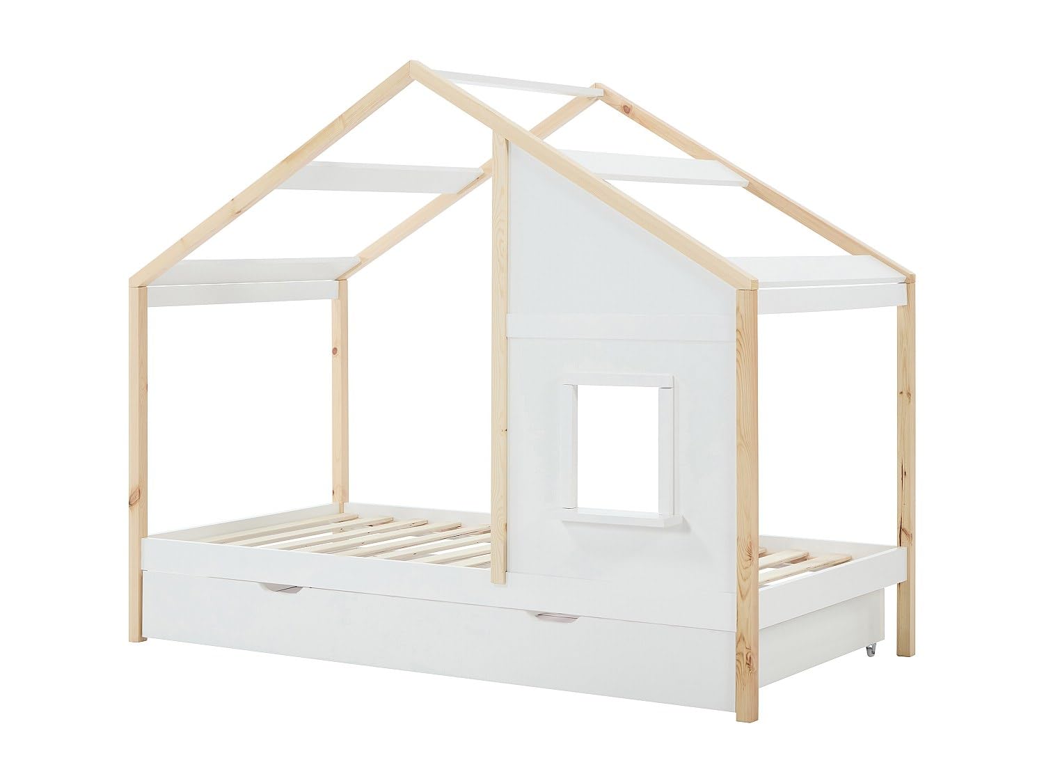 Vente-unique - Lit cabane 90 x 190 cm avec tiroir - Pin et MDF - Coloris : Blanc et Naturel - RINELYA - pour Enfant