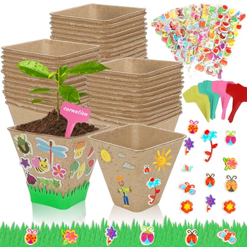 NNG 40 Set Garden Paper Pot Craft Kit 40Pcs Square Paper Mache Pots Peat Plant Pots with 400pcs Adhesive Foam Stickers & 40Pcs Pots Labels Flower Plant Spring Craft for DIY Flower Planting