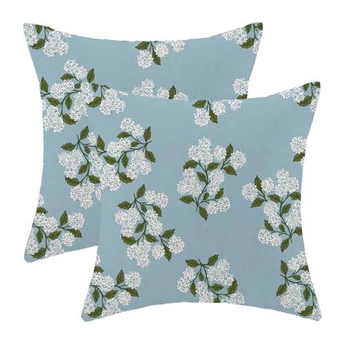 Image of AEIOAE Spring Pillow Covers 18x18 Inch Set of 2, Baby Blue Green Hydrangea Flower Throw Pillows Case,Floral Summer Outdoor Seasonal Decorative Farmhouse Decor Cushion Covers for Home Sofa Bed Couch