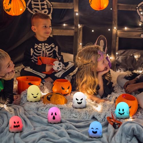 Image of Eldnacele Ghost Flickering Flameless Candles with Remote and Timer, Battery Operated Color Changing Lights Spooky Ambiance LED Tea Lights for Halloween Fireplace Indoor Decoration (6Pcs, 2 inch x 2.4 inch)