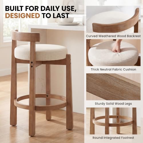 Image of LukeAlon Linen Counter Stools Set of 5, Upholstered 26.5 inch Seat Height Low Barstools with Natural Wood Legs Round Low Back Kitchen Stools with Footrest for Dining Room Bar Coffee Shop, Beige