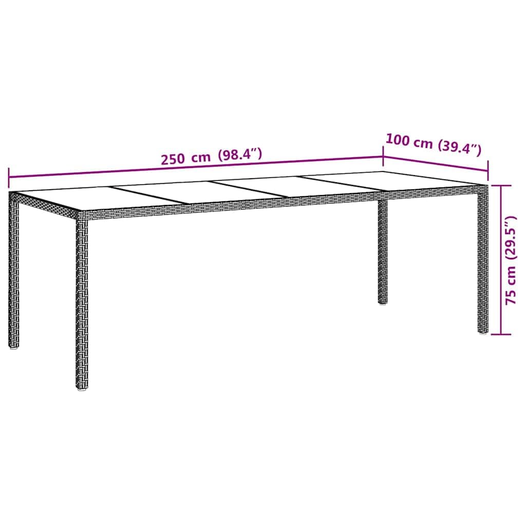 Mesa de jardín beige 250 x 100 x 75 cm con tablero de cristal templado y ratán sintético, resistente a la intemperie, marco de acero pulverizado, ideal para terraza, balcón y uso en
