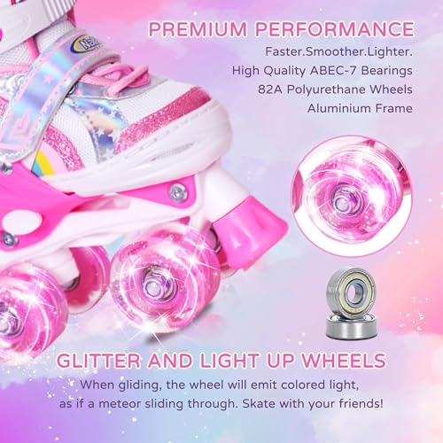 Image of Girls Roller Skates for Little Kids Toddler Ages 5-8 4 5 6 7, 4 Size Adjustable Rainbow Unicorn Quad Skates with All Light Up Wheels - Best Birthday Gift for Outdoor Sports
