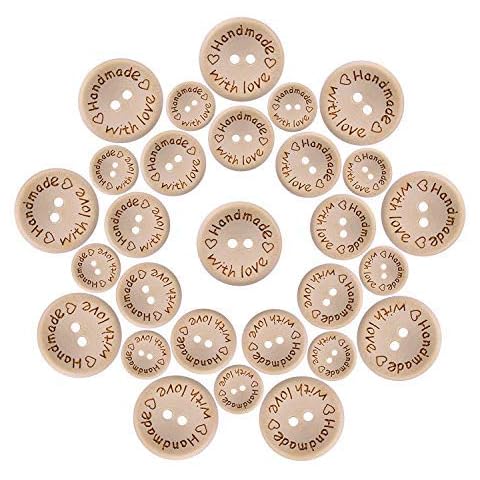 OOTSR 150pcs Wooden Handmade with Love Round Craft Decor 2 Holes Wooden Sewing Buttons (15-20-25mm) Cover