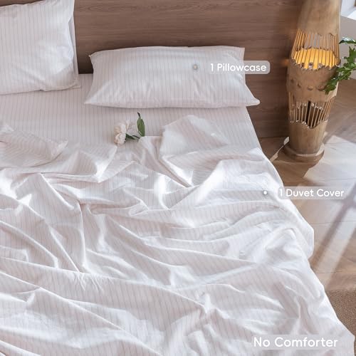 Image of MooMee Striped Duvet Cover Set 100% Washed Cotton Linen Like Twin | Relaxed Linen-like Texture. Soft, Breathable & Long-lasting Comfort. Lightweight. Hidden Zipper with 8 Interior Corner Ties
