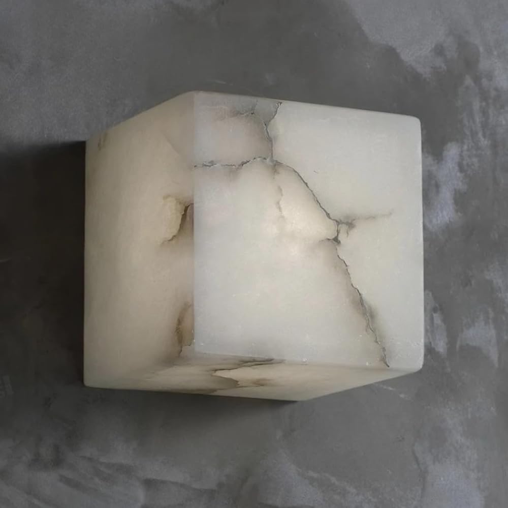HUAYUSEDF Modern Alabaster Wall Sconce Luxury Spanish Natural Marble Lamp Bathroom Vanity Sconces Square Bedroom Bedside Lighting with 3000K G9 Light Fixtures for Sta