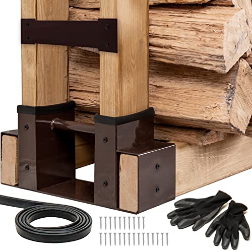 TIDYBOSS 2 Pack Firewood Rack Outdoor | 2x4 Brackets for Wood | Lumber Storage Rack Log Holder | Adjustable to any Length with Seal Strip, Gloves, Steel Plates and Screws (Dark Brown)