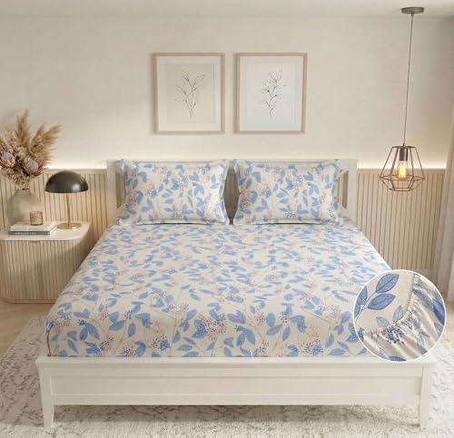 Image of BSB HOME 210 TC Cotton Double Bedsheet with 2 Pillow Covers, Soft Breathable Fabric, Elastic Fitted Sheet, Wrinkle Resistant, Deep Pocket Fit - 78 x 72 + 10 Inches (Mascarpone)