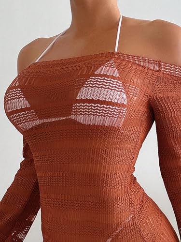Image of ZAFUL Womens Swimsuit Cover Up Dress Off Shoulder Hollow Coverup Bathing Suit Mesh Swim Beach Dress