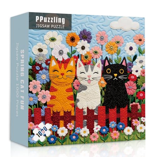 Rompecabezas para adultos de 1000 piezas con gatos y flores, rompecabezas jigsaw colorido y divertido con gatitos, decoración artística para pared