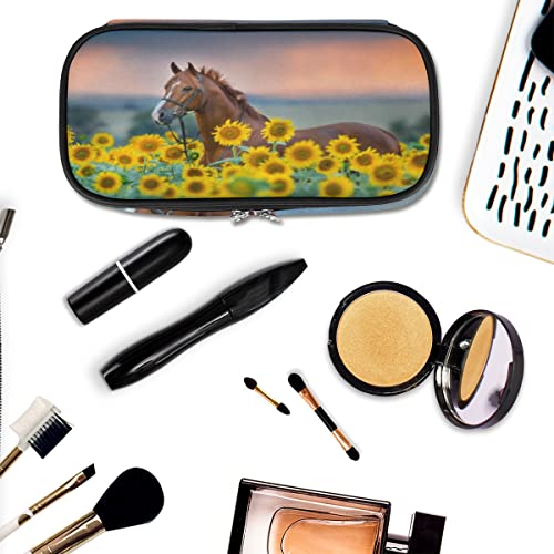 Image of Pardick Horse Sunflower Big Capacity Pencil Pen Case Horse Flower Large Pencil Pouch with Zipper Compartments Pencil Bag for Boys Girls Adults Student Office School Supplies
