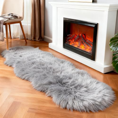 linmopm Alfombra de Piel de Oveja sintética súper Suave y esponjosa, para Dormitorio, sofá, Sala de Estar, Pasillo, cojín de Felpa de Alta Densidad, para mesita de Noche (Gris, 2 x 6 pies, Piel de