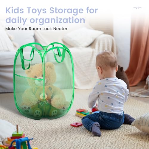 Image of HOUSE AGAIN 2 Pack Strong Mesh Pop Up Laundry Hamper, 70L Collapsible Laundry Basket with Steel Frame, Double‑Stitched Handles & Side Pocket, Foldable Dirty Clothes Hamper for Dorm, Bedroom, Green