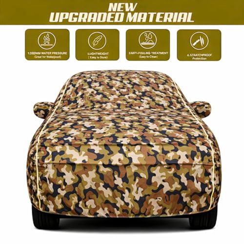 Image of Waterproof Car Body Cover for Thar All Weather Protection Comes with Inner Cotton Lining & Triple Stitched with Mirror & Antenna Pocket Belt & Elastic Fit Army with Yellow Piping2