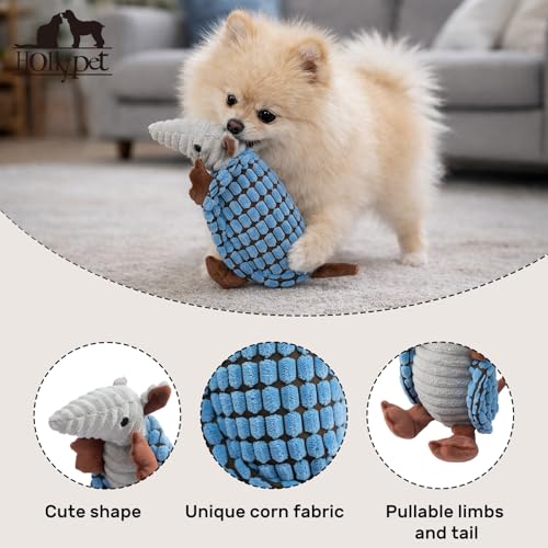 Image of Hollypet Plush Dog Squeaky Toy Stuffed Armadillo Animal Pet Puppy Chew Toys with Clean Teeth for Small Medium Large All Breed Sizes Dogs, Sea Foam, 8 in