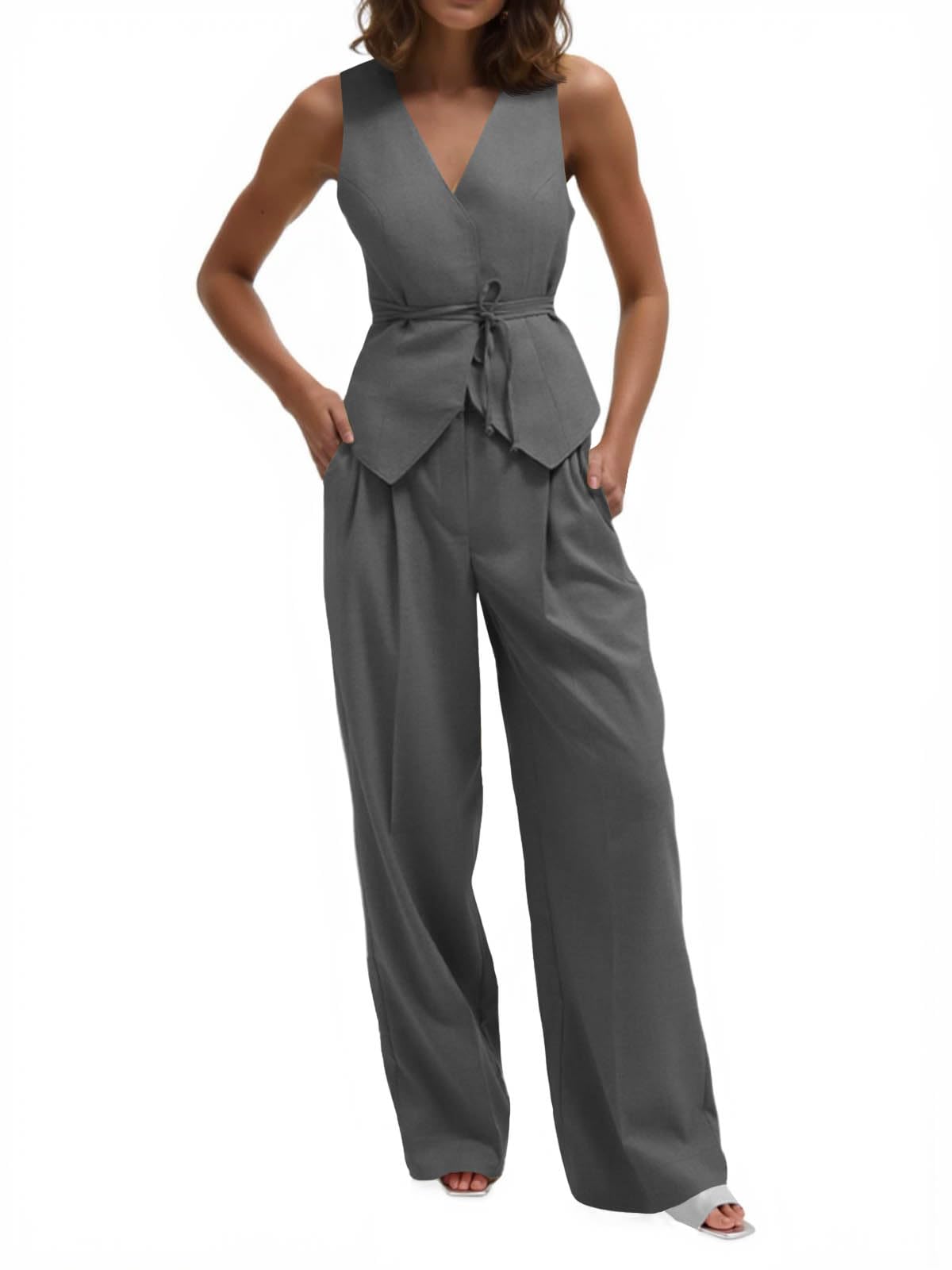 Cicy Bell Womens 2 Piece Outfits V Neck Tie Waist Blazer Vest and Wide Leg Business Casual Suit