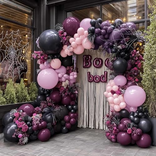 Image of Black Pink Purple Balloons Double Stuffed Dark Plum Mauve Pink Pastel Lavender Lilac Balloon Garland Arch Kit for Wednesday Addams Halloween Birthday Baby Shower Wedding Goth Party Decorations
