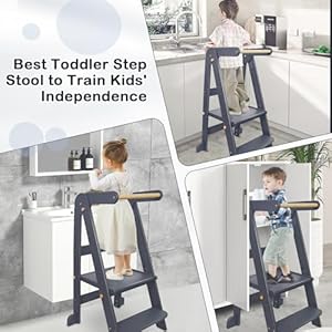 Foldable toddler kitchen tower step stool standing tower with whiteboard toddler kitchen stool helper with 3 adjustable height step stool for kids 1 6 years grey  urban country home decor