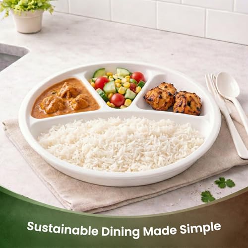 Image of Eco Aaroyaa Bagasse 12 Inch 4 Compartment Plates - Eco-Friendly Bagasse Disposable Plates - Strong Oil & Water Resistant Disposable Plates with Compartments for Parties, Catering & Events (Pack of 25)
