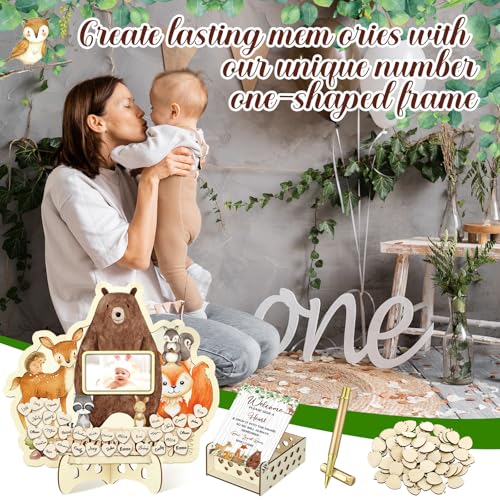 Image of Wenqik 63 Pcs Woodland Animal Baby Shower Guest Book Alternatives Set Baby Shower Decorations with Photo Frame Sonogram Frame Keepsake 60 Wood Slices Guest Book for Birthday