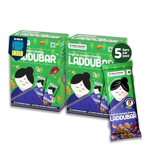 Image of LADDUBAR Dryfruit Energy Bars | 10% Protein | 96% Dryfruits & Dates | Gluten Free | No Refined Sugar | Fasting Friendly | Mama Nourish | Pack of 2(10 Bars x 35g) | As Seen on Shark Tank India