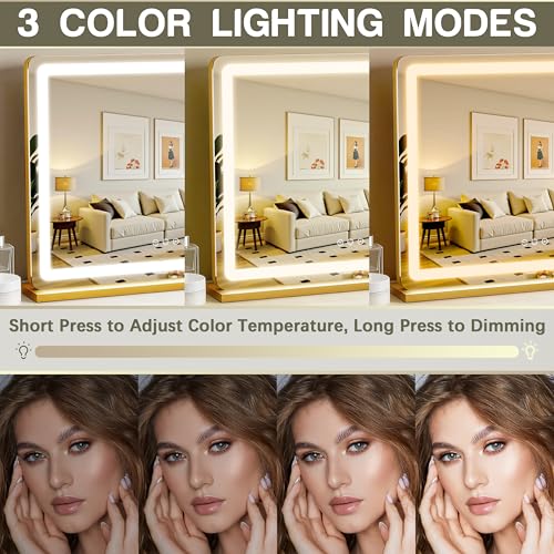 Image of ROLOVE 23 inchx18 inch Gold Vanity Mirror with Lights, Large Lighted Makeup Mirror with 10X Magnifier, 3 Color Lighting & Stepless Dimming, Wall Mounted or Tabletop Desk Mirror for Bedroom