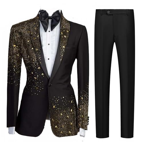 Mens Luxury 2 Pieces Tuxedo Suit with Rhinestone Slim Fit Shawl Lapel Blazer Jacket Pants Set for Prom,Party,Dinner