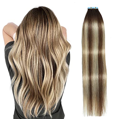 Image of SUYYA Tape In Hair Extensions Human Hair 14 Inch #P6 /613 /T4 Balayage