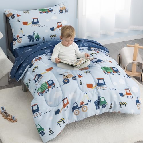 Image of david's kids 4 Piece Toddler Bedding Set - Soft Breathable Toddler Bedding Set for Boys Girls, Includes Quilted Comforter, Flat Sheet, Fitted Sheet and Pillowcase, Truck