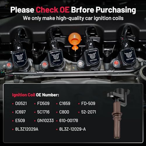 Image of BDFHYK Ignition Coil Pack DG521 Compatible with Ford F150 F250 F350 F450 Expedition Explorer Mustang Lincoln Mark LT Navigator Mercury Mountaineer 4.6L 5.4L 6.8L V8 V10 Ford Oem Coil Pack Set of 8
