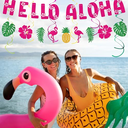 Image of Hawaiian Aloha-Luau Flamingo Party-Decorations Supplies - 21pcs Hello Banner,Pool Paper Lanterns Honeycomb,Beach Theme Streamers Garland,Tissue Pom Poms Flowers Fan,Tropical Summer Tiki Decor Burgleda