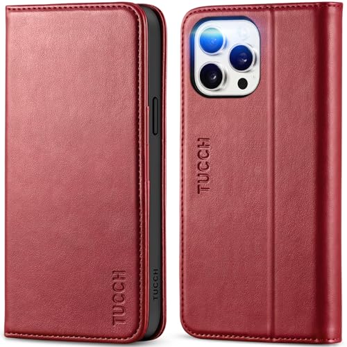 TUCCH Wallet Case for iPhone 15 Pro Max (6.7") 2023, PU Leather Stand Folding Case with[RFID Blocking][Shockproof TPU][Card Slot]Kickstand, Protective Folio Compatible with iPhone 15 Pro Max, Dark Red