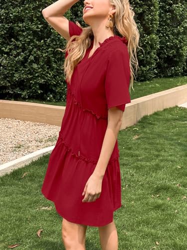 Image of Dellytop Womens Drawstring V Neck Dress Ruffle Tiered Short Sleeve Babydoll Tunic Swing Sundresses
