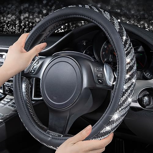 Image of CAR PASS Bling Diamond Leather Steering Wheel Cover, with Bling Sparkly Crystal Glitter Rhinestone Universal Fit 14 inch 1 /2-15 inch Car Wheel Protector Fit for Women Girl SUV,Vans,Sedans,Trucks, Zebra Print