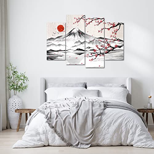 Lyerartork 4 Panel Japanese Ink Painting Wall Art Mount Fuji With Moon Pictures Wall Decor Cherry Blossom Canvas Print Japan Traditional Artwork For Living Room Bedroom Decoration thumb #4