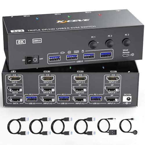 KVM Switch 3 Monitors 3 Computers 8K@60Hz 4K@144Hz, HDMI Dispalyport Triple Monitor KVM Switches with 4 USB3.0 Port for USB Devices, Support Extended/Mirror Mode, Wired Controller and USB3.0 Cables